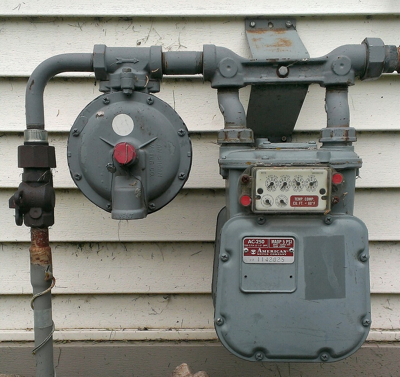 A gas meter with its regulator mounted on a wall